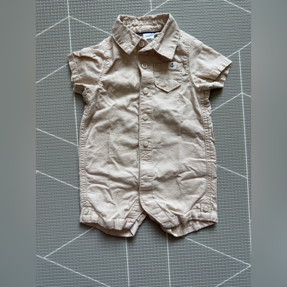 Carters|Baby boy or gender Neutral tan Short-Sleeve Button Romper with collar•6M